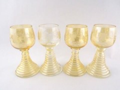 Set of 4 Goblets Etched Grape Bowls Beehive Stems Luster Peach Color Stemware
