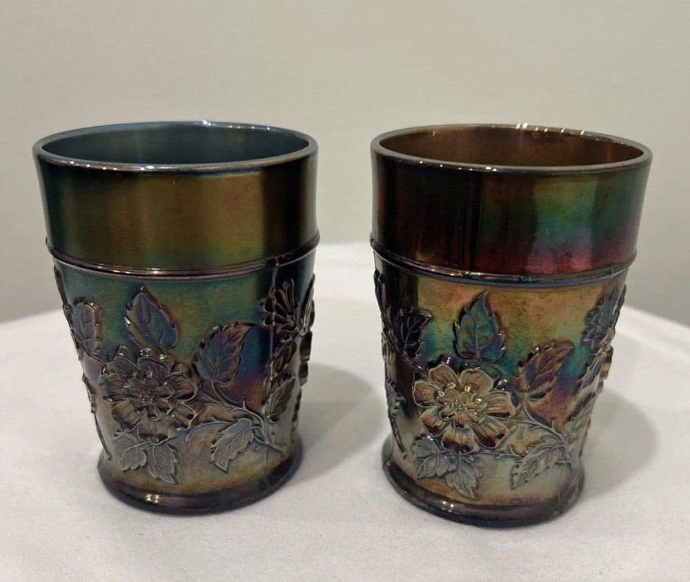 Set Of 2 4” Vintage Dugan Blue Rambler Rose Carnival Glass Tumblers
