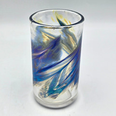 David Salazar Studio Art Glass Tumbler Iridescent Blue Pulled Feather 4″ Signed