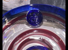 Kosta Boda Hand Blown Royal Caribbean Martini Desert Glass’ Red Swirl Blue Rim