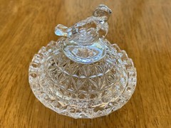 Vintage Crystal Miniature Bird Trinket Ring Box Jewelry Dish Round Lid Footed