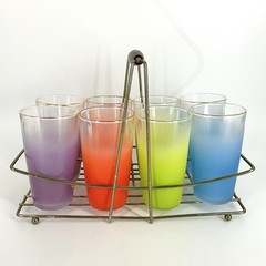 Vintage Blendo Highball Tumbler Glass Set Of 8 and Metal Caddy Carrier MCM
