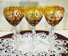 Cut to Clear Glass Crystal 8” Set 6 Nachtmann Amber Yellow Wine Glasses Goblets