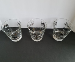 3 VTG Libby 8 Oz Black Gold Trim Clear Antique Automobile Car Rocks Glasses