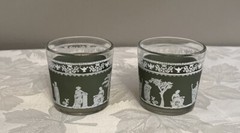 2 PC Vintage Wedgewood Green Jeanette Jasperware Drinking Glasses Hellenic 2”