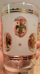 Vtg Set Of 6 Hazel Atlas Juice Glasses Frosted Finish Gold Fleur-De-Lis