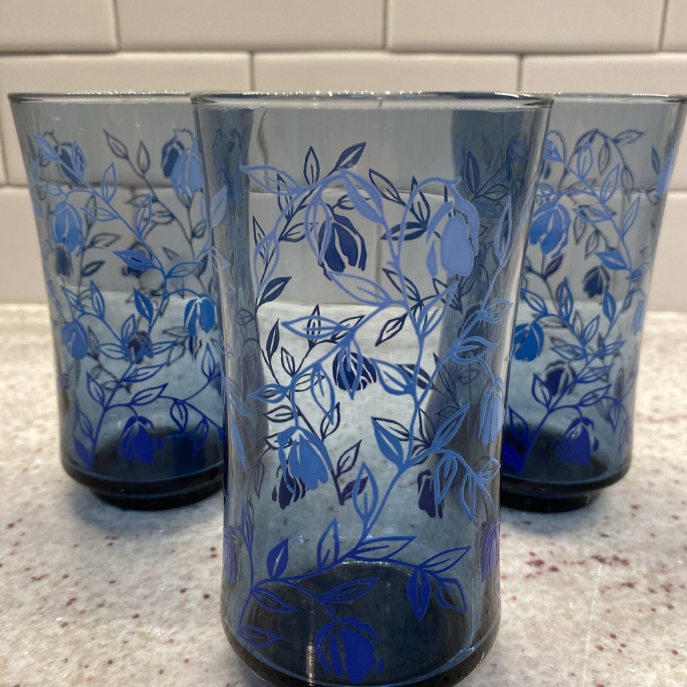 Libbey Blue Bolero Water Glasses Applied Blue Fuchsia Flowers Set of Three