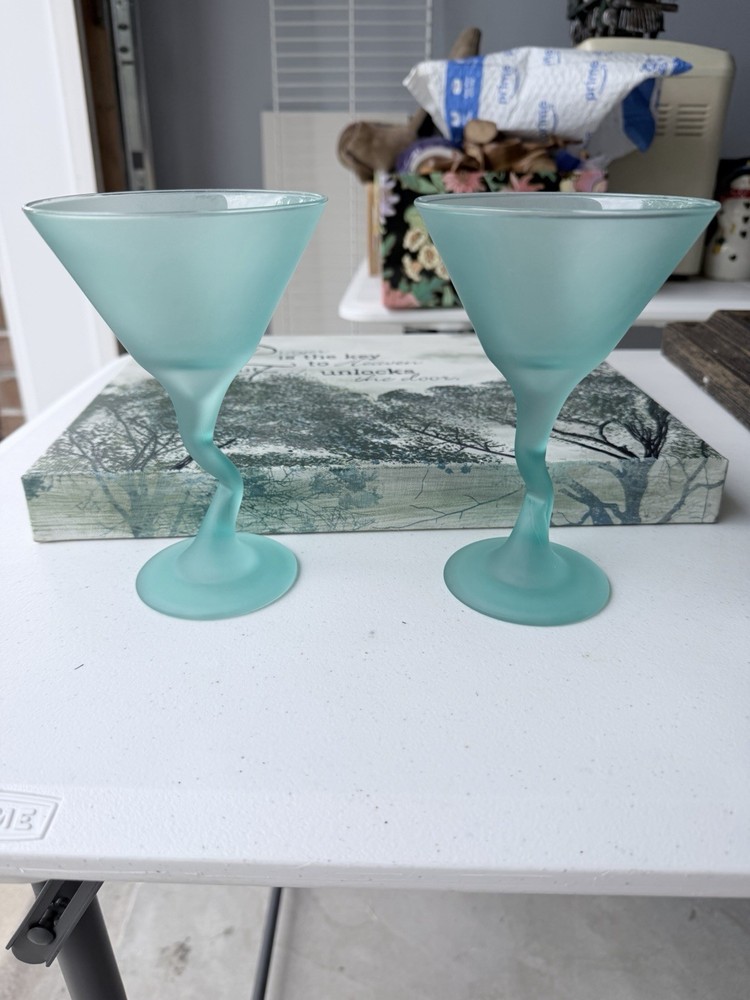 Frosted Blue Twist Stem Martini Glasses Set of 2 Two-Piece Glass
