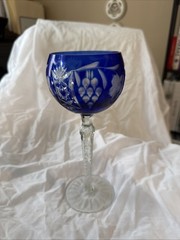 BOHEMIAN WINE GLASS MARSALA STYLE CASED COBALT BLUE CUT TO CLEAR CRYSTAL BOHEMIA