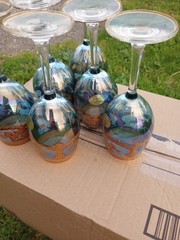 Murano Prezioni Italian Wine Glasses Blue/W 24k Hand Applied Accent Set Of 6 New