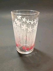 Vintage MCM 1940s-50s Juice Glass Pink And White Stripes And Daisies 3.5″