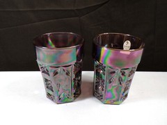 Set of 2 Fenton Purple Amethyst Carnival Glass Tumblers w/ Fruit Designs