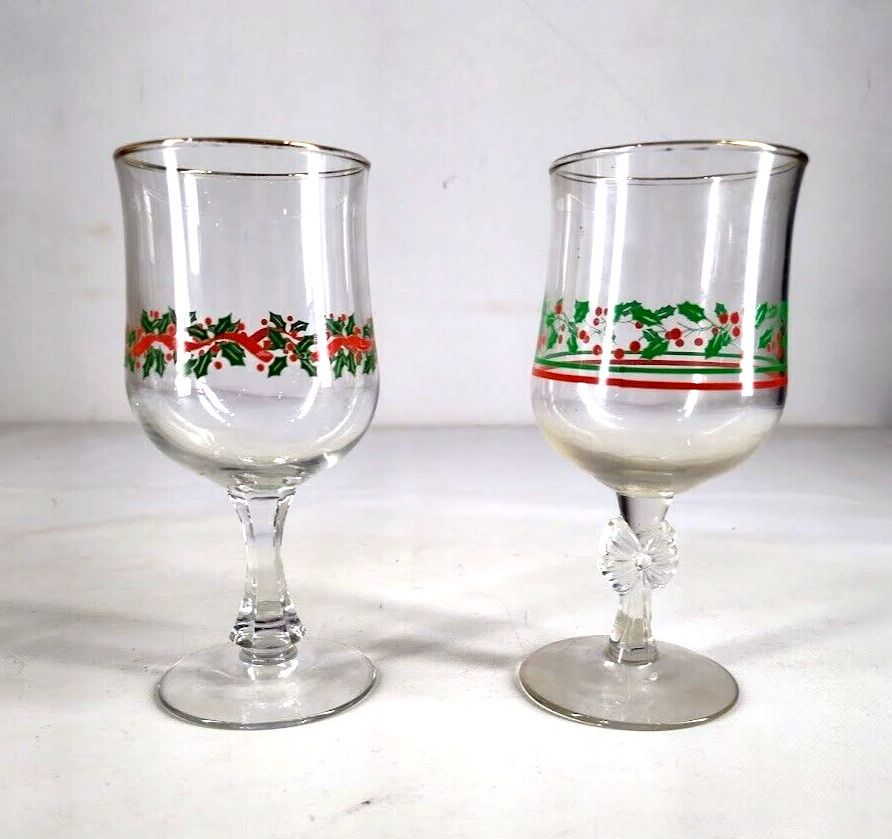 Mixed Set Of 2 Different Styles Of Libby Holly Berry Wine Goblets Stem Glasses