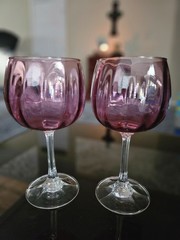 Pilgrim Glass Optic Cranberry Wine Water Goblets Hand Blown Set Of (2) Vintage