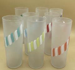 Set Of 8 Vintage Libbey Frosted Candy Stripe Collins Glasses MCM IOB