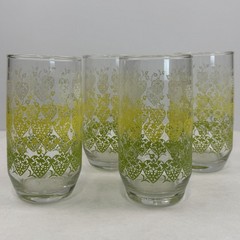 Set Of 4 Vintage Green Yellow Ombre Hearts and Vines Glass Tumblers 12 oz MCM
