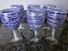 Vintage Hand Blown Heavy Wine Glasses Set Of Six Ribbon Pattern. Cobalt Blue