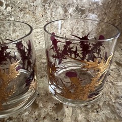 Gregory Duncan Purple Thistle Pattern 3″ Glass Tumbler Set 2 EUC