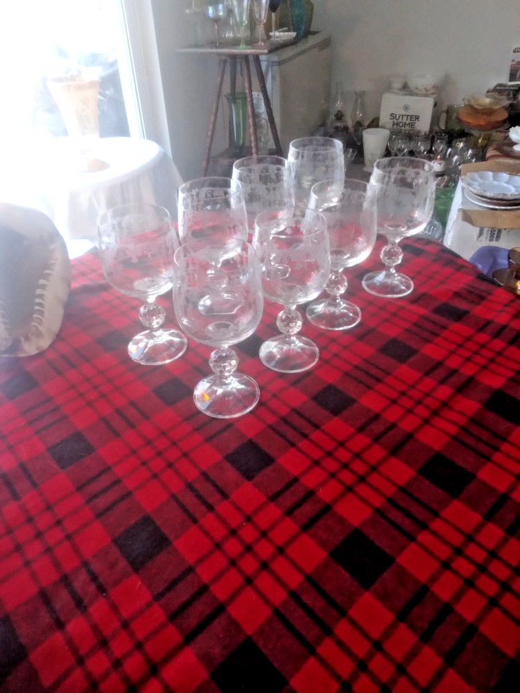 8 Set Bohemia Crystal Etched Wine Glasses Cascade Faceted Claudia Ball Stem