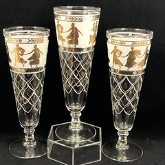 MCM Grecian Goddess Roman Gold Figures & Lattice Pilsners Bar Glasses Three (3)