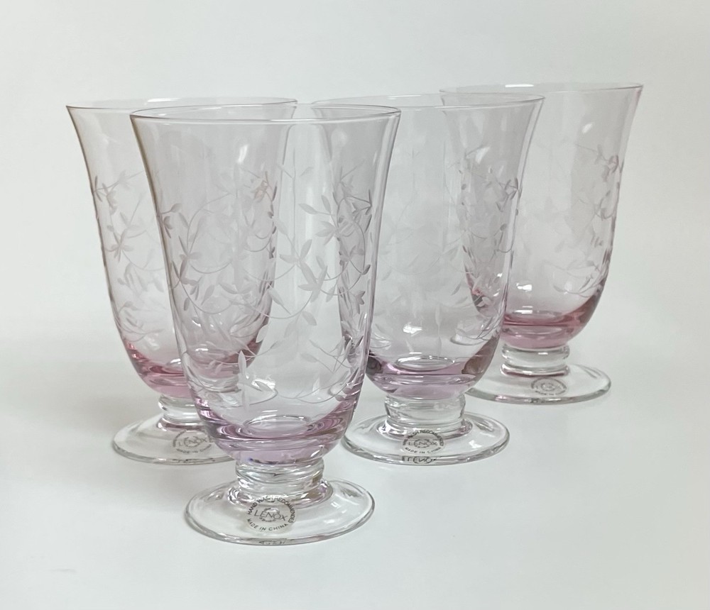 4 ct LENOX Heather Pink Footed Tumblers Glasses Hiball Etched Box 15 oz 6”