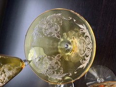 7 vintage Tiffin Arcadian Art Deco Topaz Etched Basket Design Footed Glasses