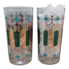 MCM Highball Tumbler Turquoise Green Gold Pair Cathedral Fleur de Lis 2