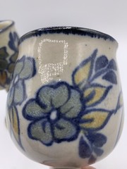 Set of 2 Vtg Ceramic 8 Oz Wine Goblets Handmade Signed Rustic Floral Design
