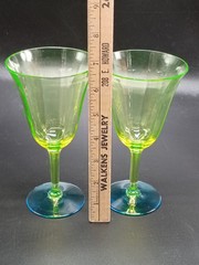 VTG Pair of 1930s Tiffin Franciscan Uranium Water Goblet Glass Blue Green *Read*