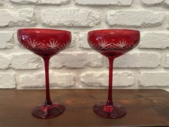 Godinger red crystal cut Champagne Coupe glasses Ruby Red