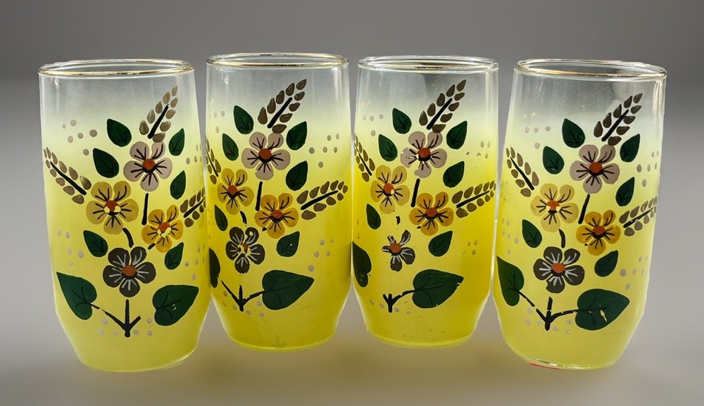VTG 4 Hand Painted Floral Yellow Blendo Tumbler Glasses Gold Rim -BEAUTIFUL!