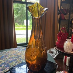 Vintage Retro 17″ Amber Glass Pitcher Mid Century Modern Art Glass