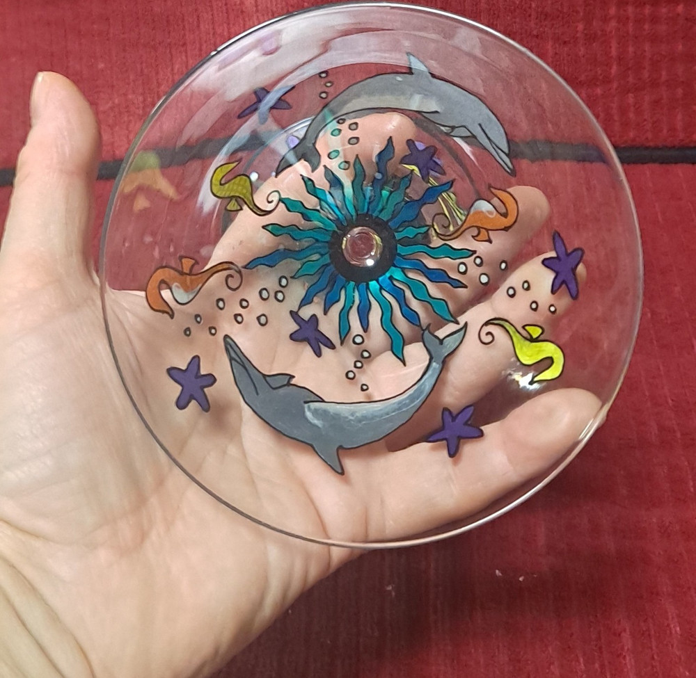 Hand Painted Dolphin Sea Life Martini Glass Colorful Glossy Glassware