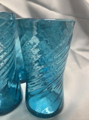Hand blown swirl Blue 4 Glasses with Bubbles & Rough Pontil Mark B39