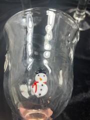 Vtg Christmas Clear Glass Fused Snowmen 8.25 in Goblet Drinking Glass Set of 4