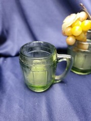 Green depression shot glasses,made like barrels +matching bucket and grapes
