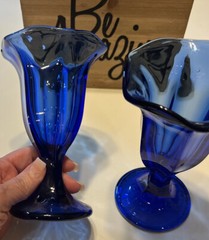 2 Anchor Hocking Cobalt Blue Fountain Ware Sundae Scallop Goblets Glasses Sale!!