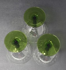 6 Rare Vintage Clear Etched Glass Champagne Glasses Green Stems Leaf Dot Design