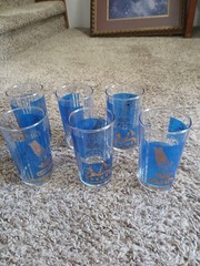 6 Beautiful Vintage MCM Clear Glass Tumblers With Blue & Gold Egyptian Motif