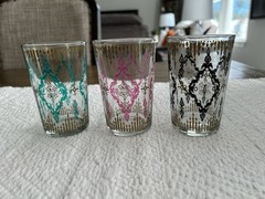 3 Vintage MCM Teal, Pink, Black Gold 6oz Embossed Juice Glass 4 Inch Moroccan