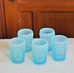 Vintage Fenton Blue Opalescent Hobnail Tumblers Set of 5 Glasses 4.25″ USA Glows