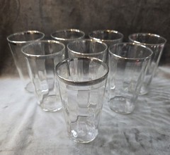 Set of 8 Vintage Silver Rim Optic Paneled MCM 4.75″ Tall Juice Glasses Barware