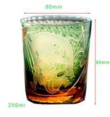 Unique Whiskey Bourbon Glasses Crystal Hand Cut Edo Kiriko 9oz Amber Green