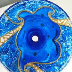 Hand Painted Nautical Sun Sea Waves Art Glass Goblet Blue Gold Stemmed Chalice