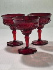 Set/3 McKee Glass Co Rock Crystal Red 4 3/4″ T Champagne Glasses Hexagonal Base