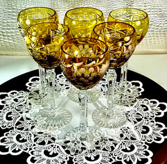 Cut to Clear Glass Crystal 8” Set 6 Nachtmann Amber Yellow Wine Glasses Goblets