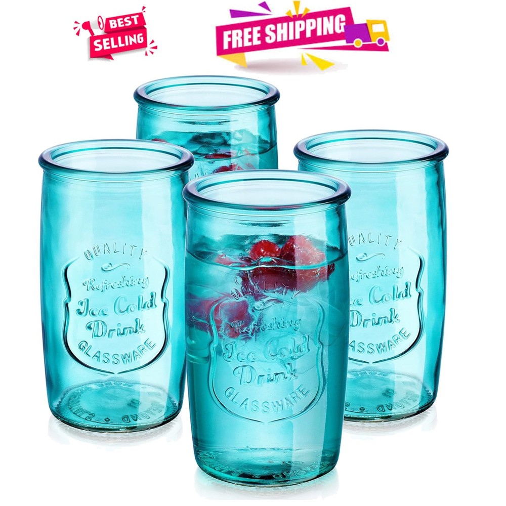Retro Vintage Blue Highball Glasses Set – 20oz Artisanal Glassware for Cocktails