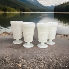 Set of 4 Vintage White Milk Glass Footed Tumbler Grape Drinking Glass