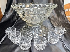 Fostoria American 14.5″ Punch Bowl On Base + 6 Cups MCM Vintage Glass Wedding