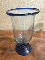 (5) Hand Blown Mexican Glass Wine Goblets Cobalt Blue Rim & Base All Diff